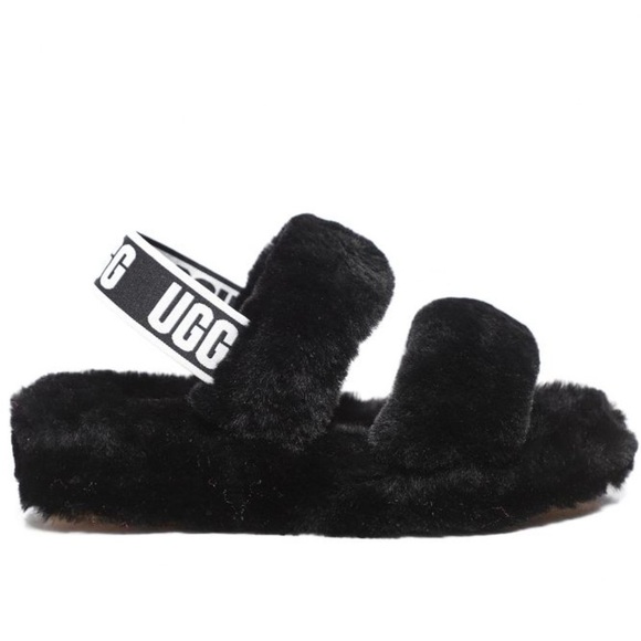 UGG women’s Oh Yeah Black Fluffy slide Sandals size 8 - Picture 1 of 8